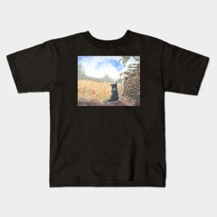 A Border collie dog meditates on a summer meadow Kids T-Shirt